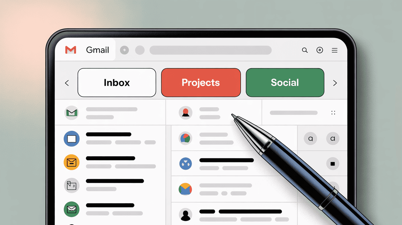 Gmail interface enhanced with custom tabs for organizing All Mail into categories
